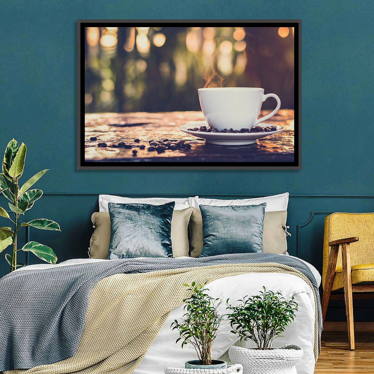 Steaming White Coffee Cup Wall Art in a room, landscape