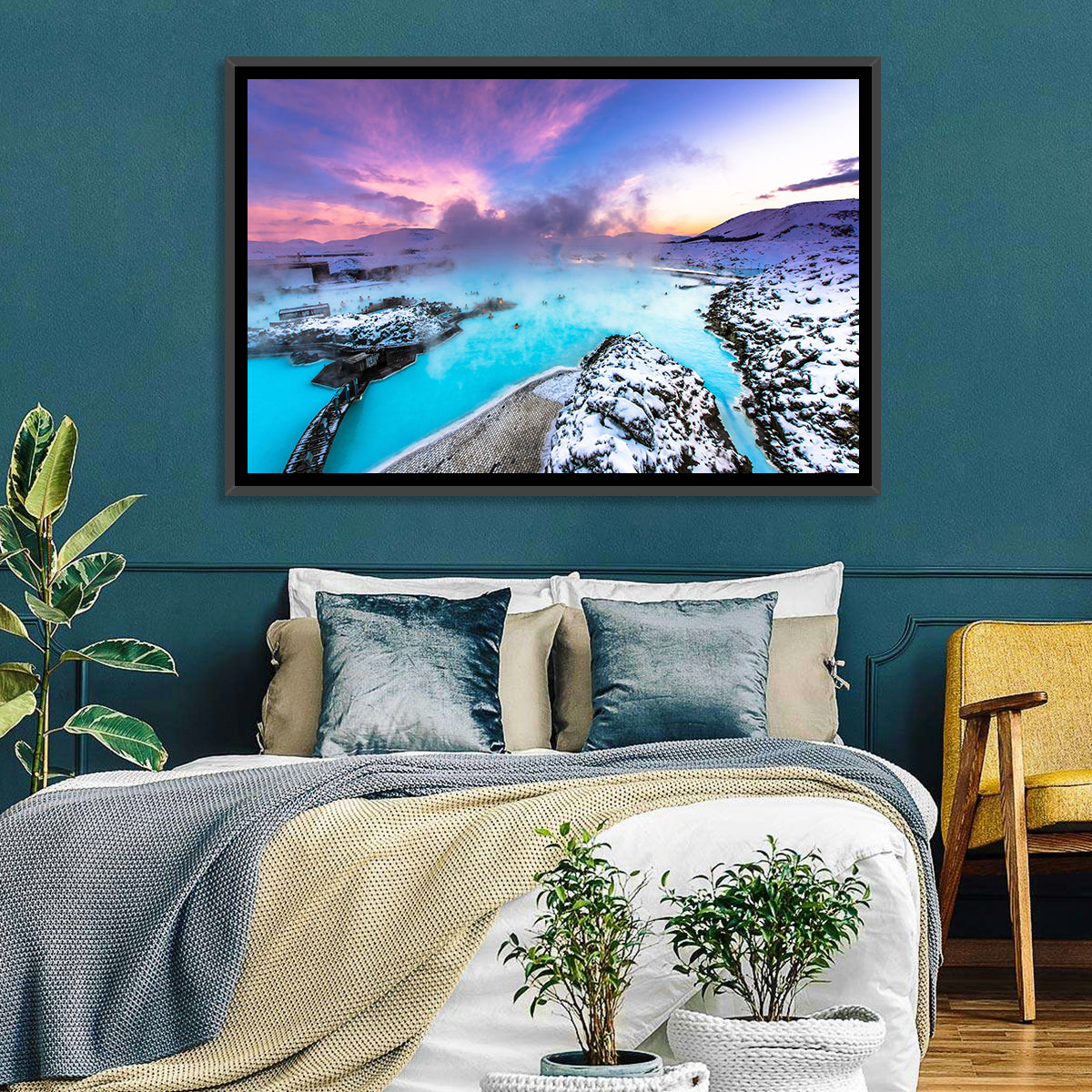 Blue Lagoon Grindavík Sunrise Wall Art in a room, landscape