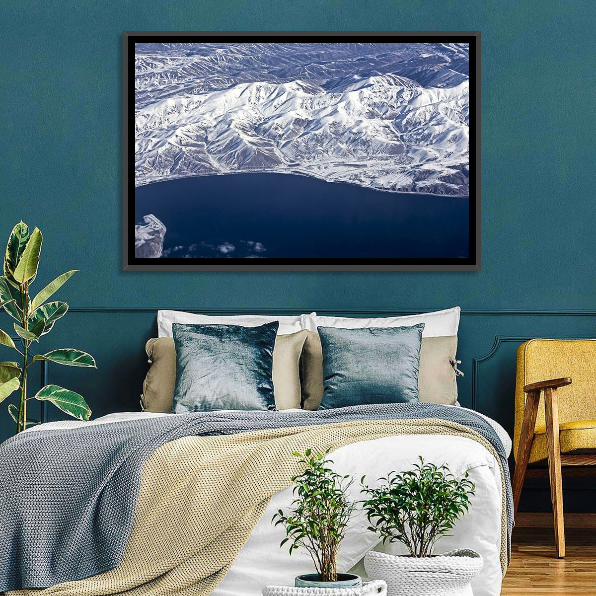 Lake Sevan Aerial Winter View Wall Art in a room, landscape
