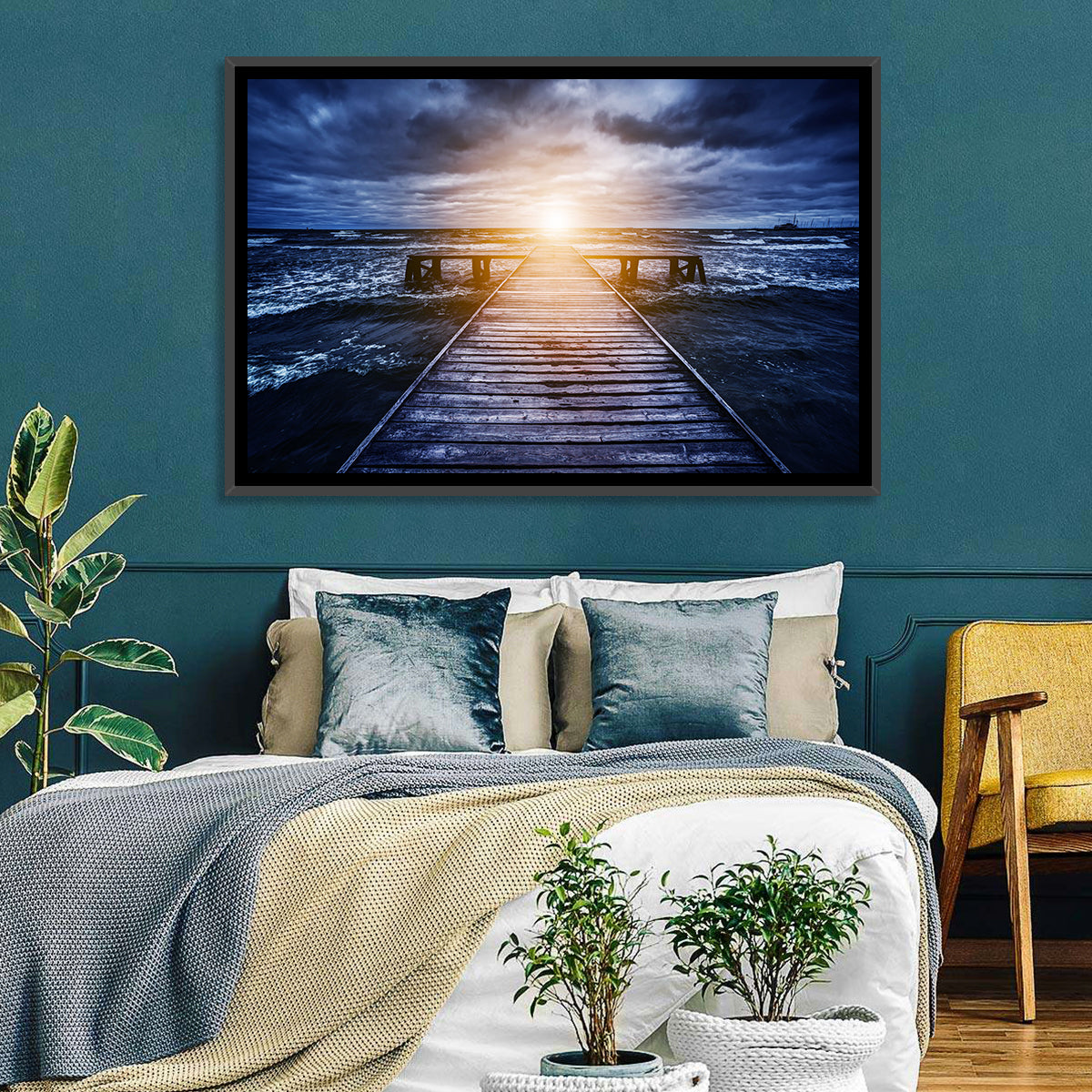 Sunlit Wooden Jetty at Dusk Wall Art in a room, landscape