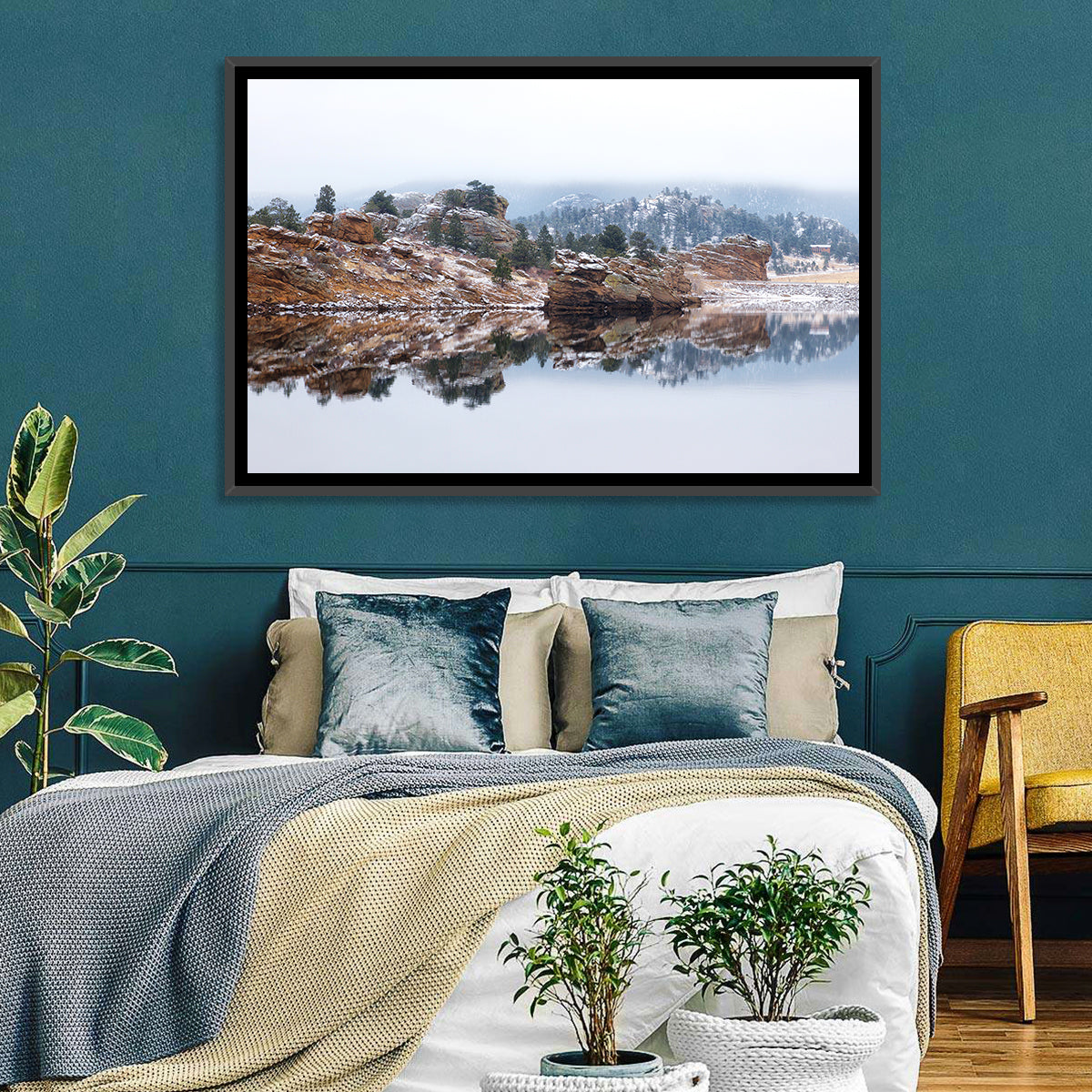 Marys Lake Foggy Reflection Wall Art in a room, landscape
