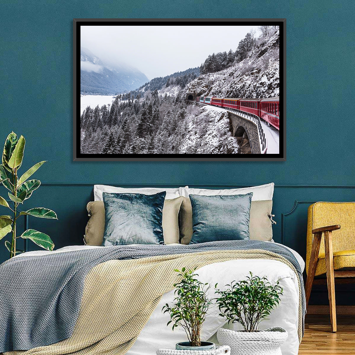 Red Train at Landwasser Viaduct Wall Art in a room, landscape
