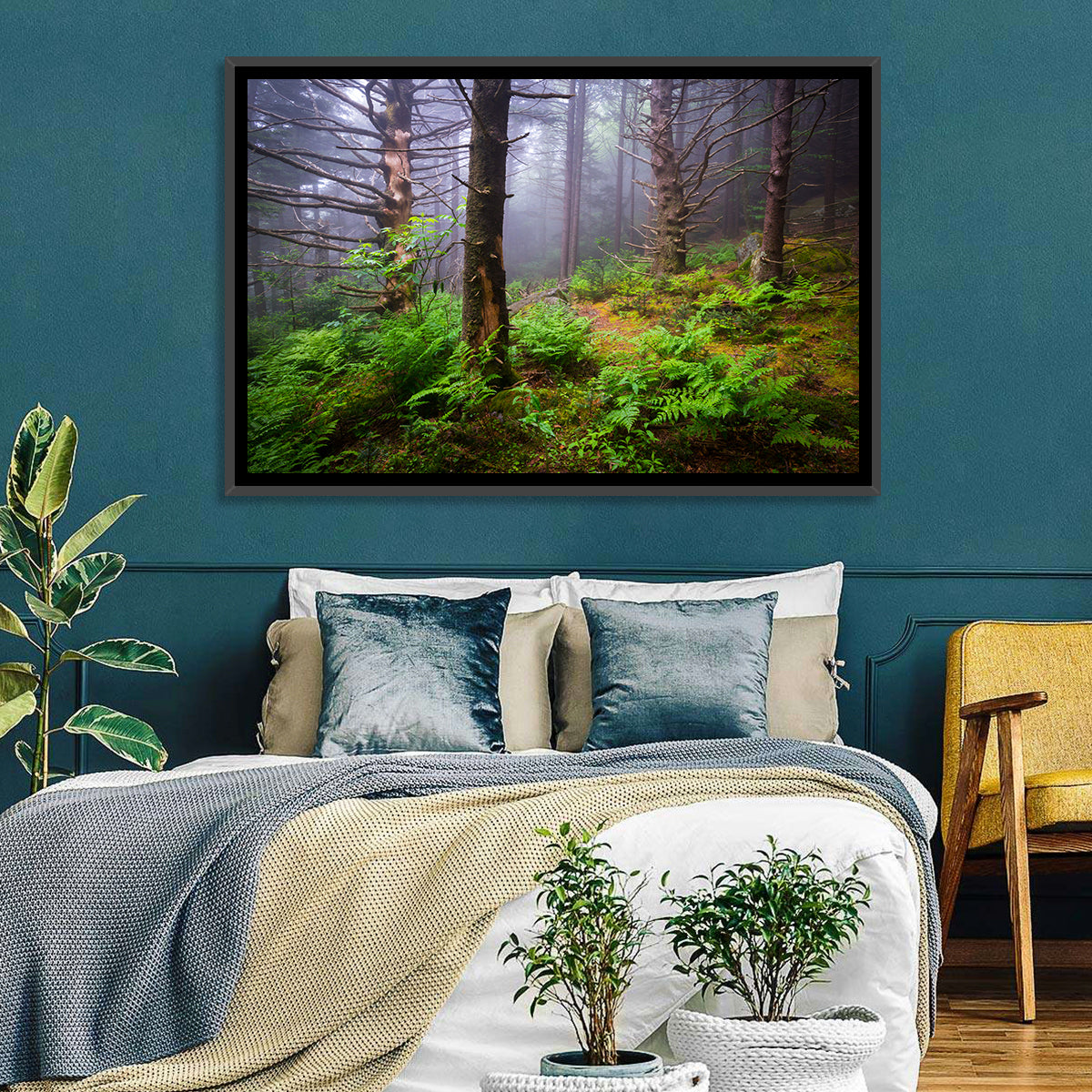 Misty Spruce-fir Trail Wall Art in a room, landscape
