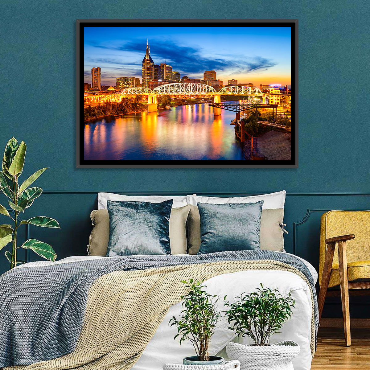 Nashville Skyline at Twilight Bridge Reflections Wall Art in a room, landscape
