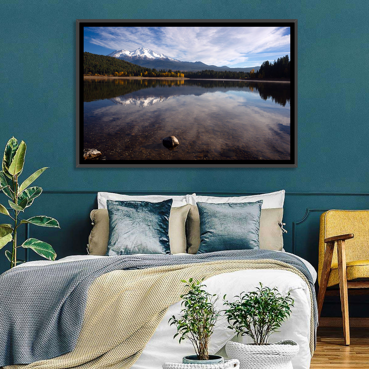 Mount Shasta Reflection at Lake Siskiyou Wall Art in a room, landscape