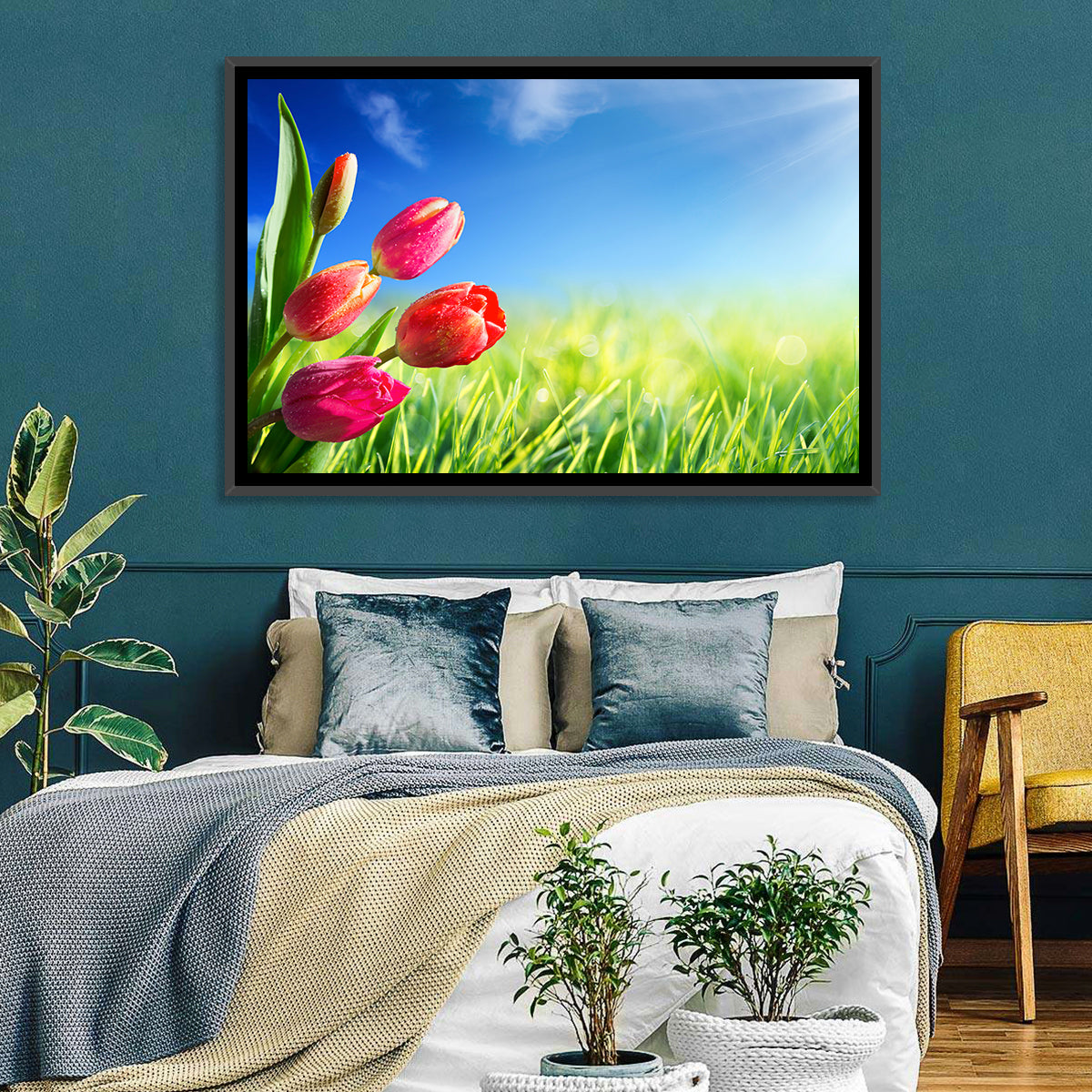 Dewy Red Tulips Under Blue Sky Wall Art in a room, landscape