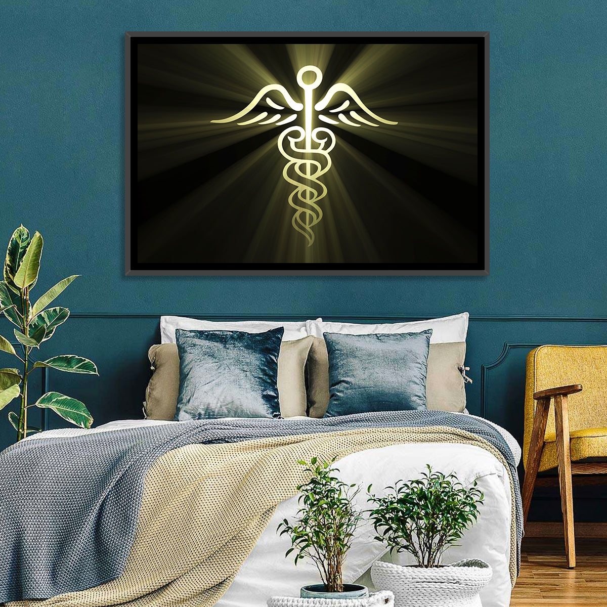 Medical Corps Caduceus Emblem Wall Art in a room, landscape