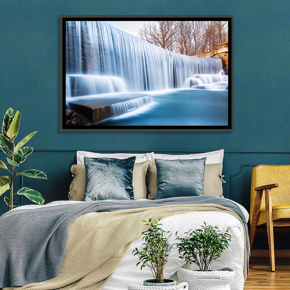 Seeley's Pond Winter Waterfall Wall Art in a room, landscape