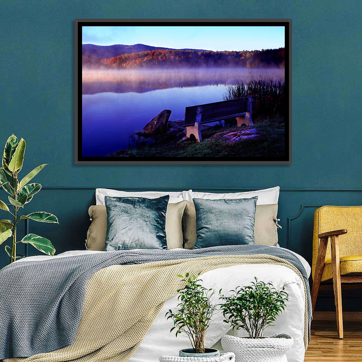 Bench at Misty Lake Sunrise Wall Art in a room, landscape