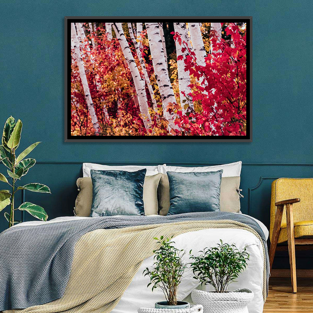 Autumn Birches with Crimson Maples Wall Art in a room, landscape