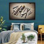 Vintage Barber Tools on Wooden Workbench Wall Art
