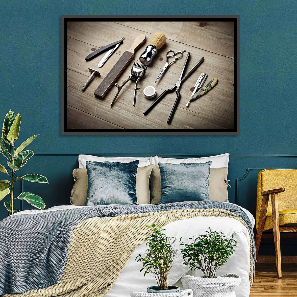 Vintage Barber Tools on Wooden Workbench Wall Art