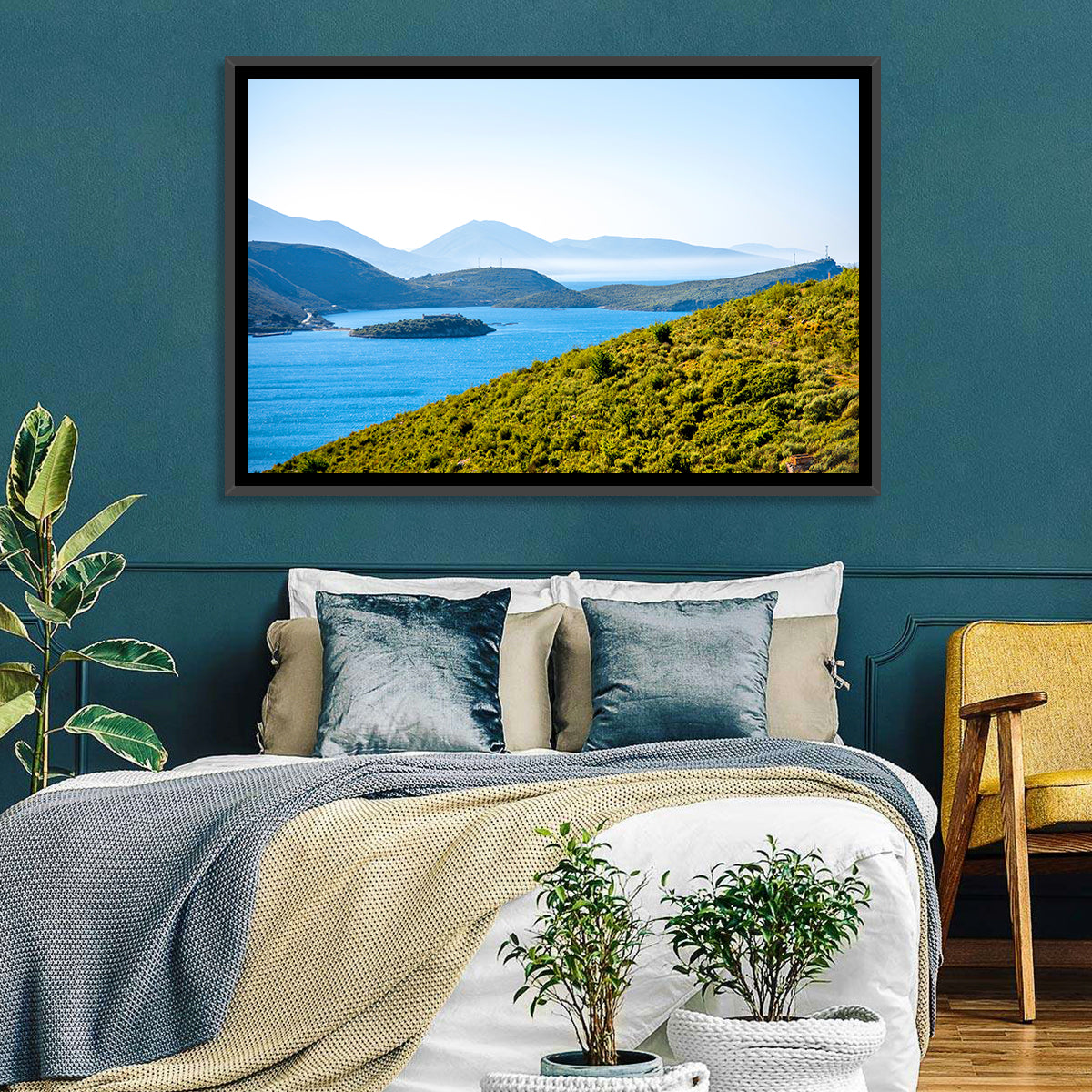 Porto Palermo Bay with Ali Pasha Castle Wall Art in a room, landscape