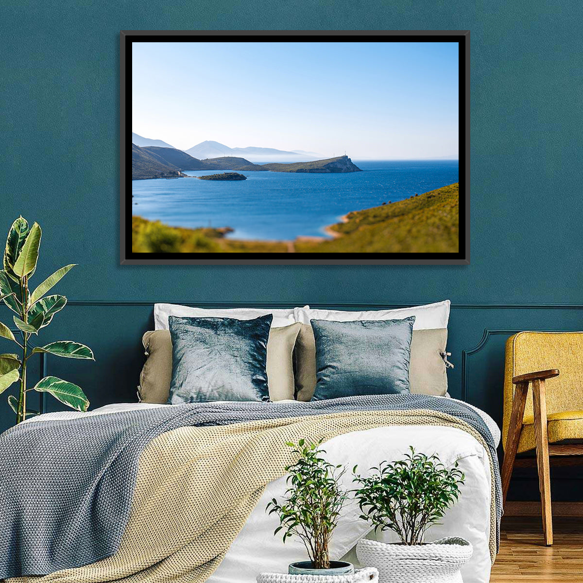 Coastal Cliffs and Lighthouse Bay Wall Art in a room, landscape