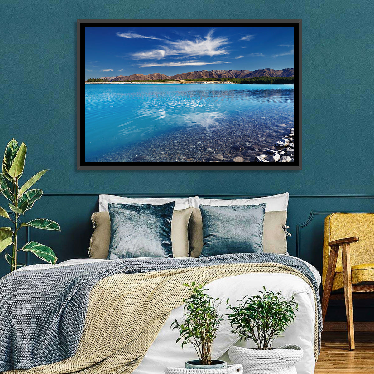Lake Pukaki Pebble Shore Wall Art in a room, landscape