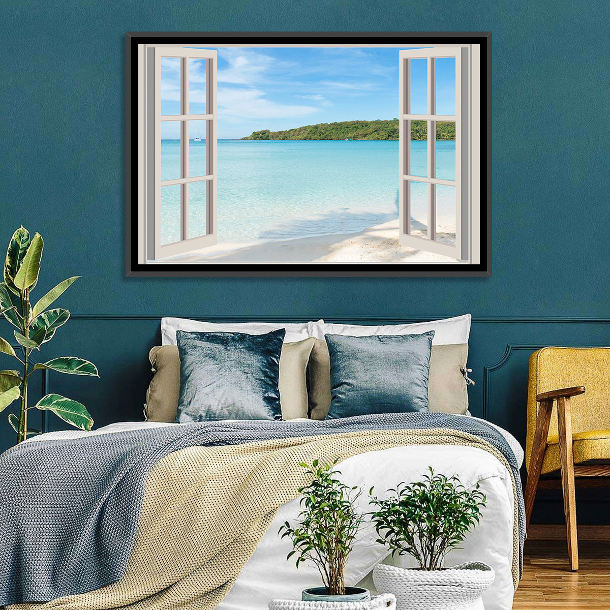 Turquoise Beach View Through Window Wall Art in a room, landscape