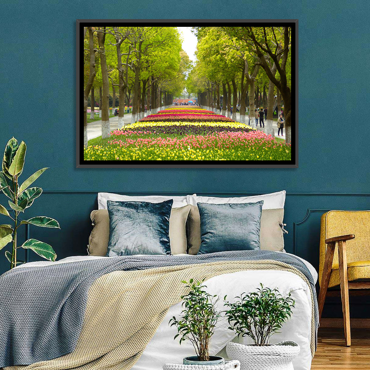 Tree-lined Tulip Garden Path Wall Art in a room, landscape