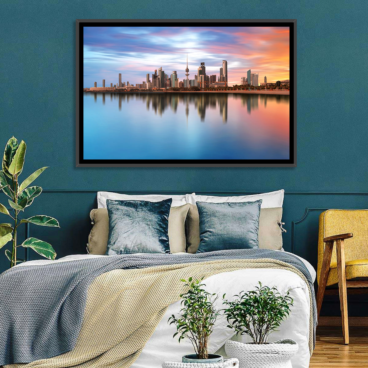 Kuwait City Skyline at Sunset Wall Art in a room, landscape