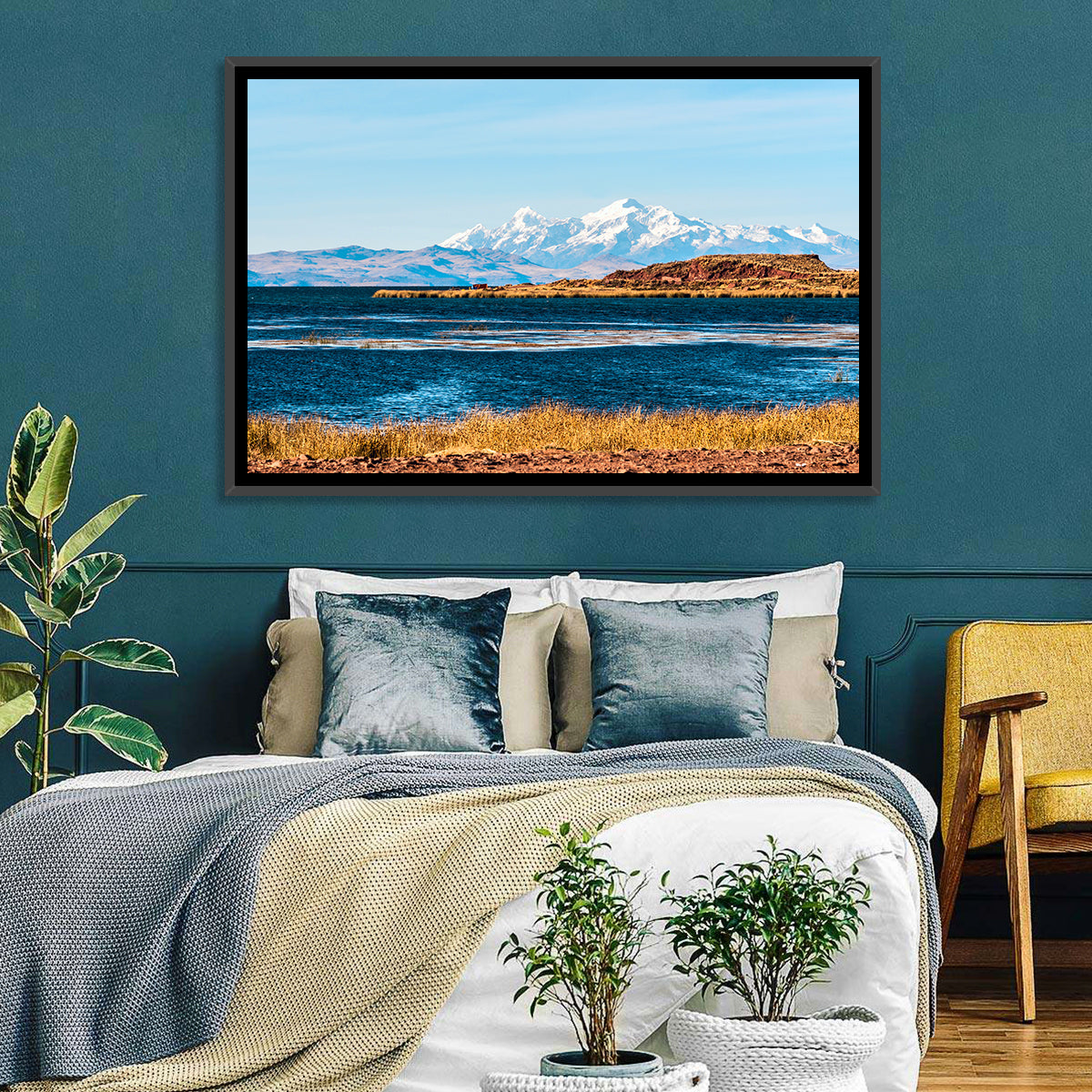 Lake Titicaca Blue and Gold Wall Art in a room, landscape