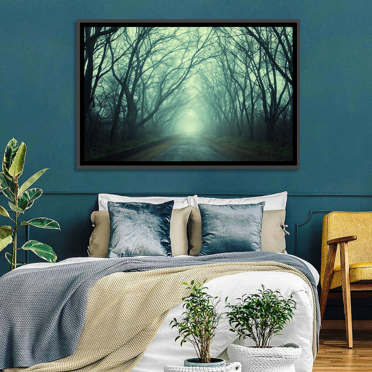 Foggy Forest Pathway Wall Art in a room, landscape