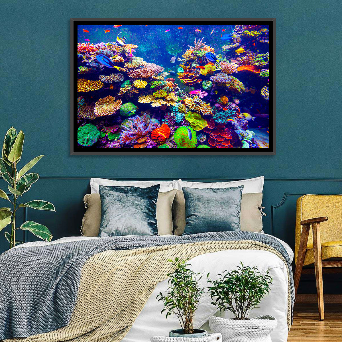 Tropical Coral Reef Aquarium Wall Art in a room, landscape