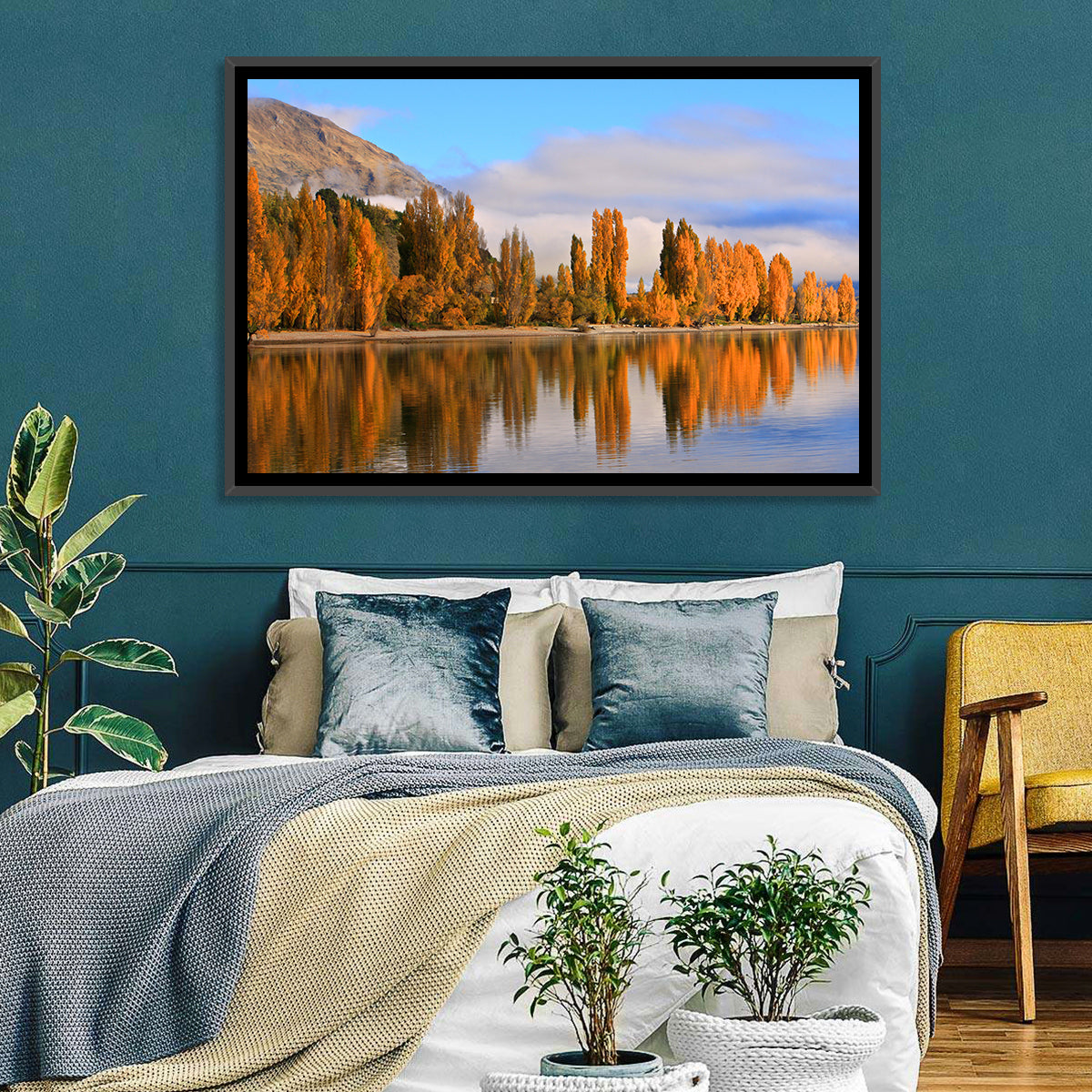 Lake Wanaka Autumn Reflection Wall Art in a room, landscape