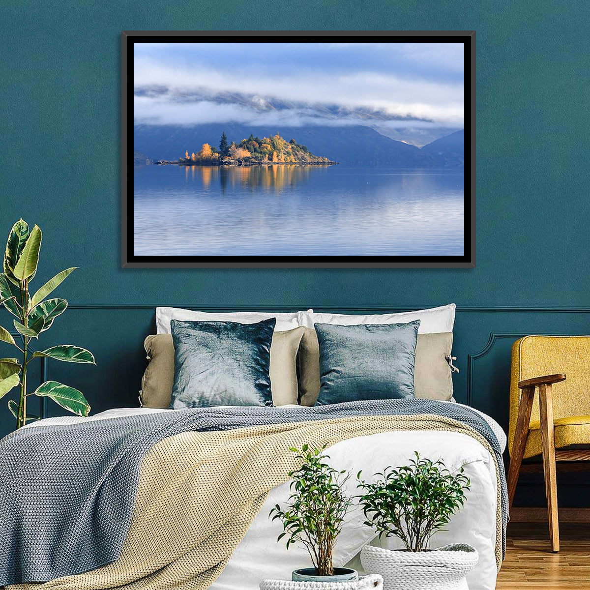 Misty Wanaka Island Reflection Wall Art in a room, landscape
