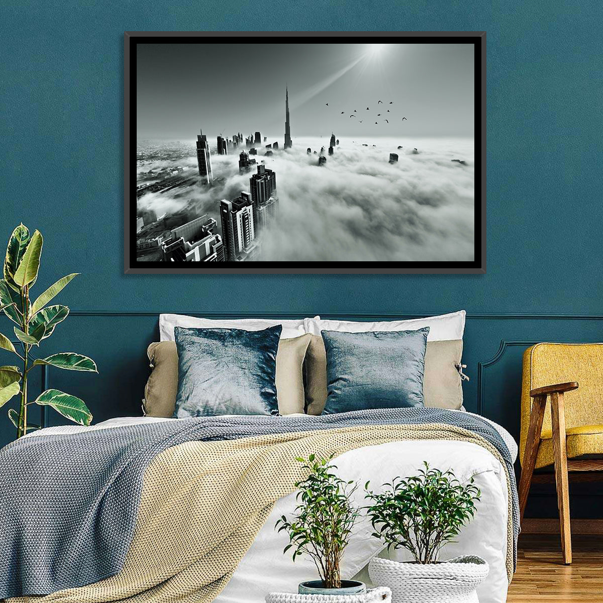 Burj Khalifa Rising Through Morning Fog Wall Art in a room, landscape
