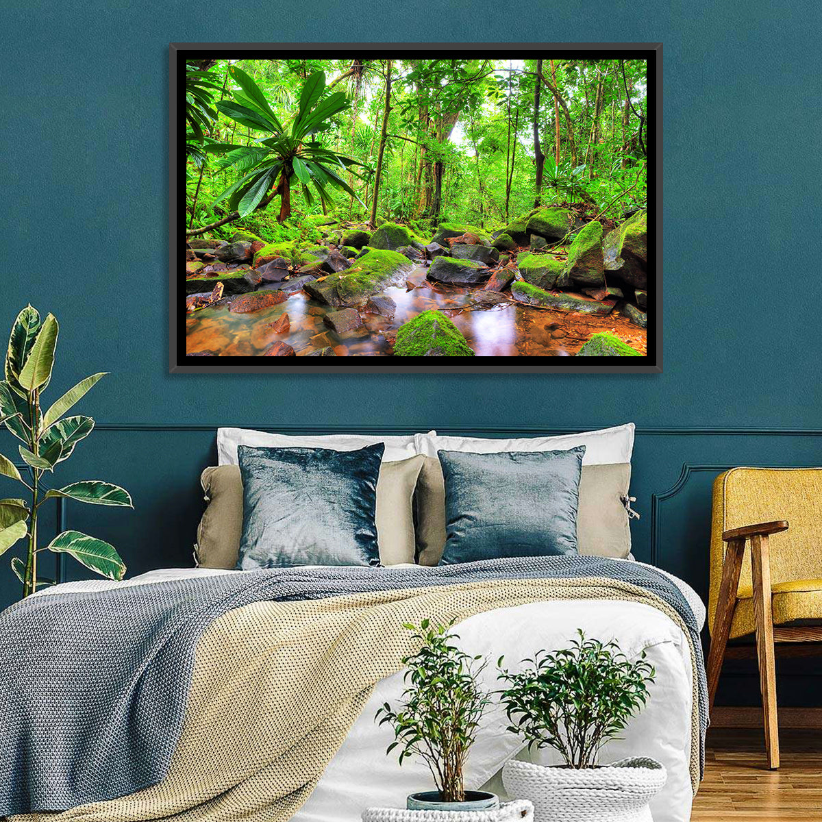 Mossy Rainforest Stream Wall Art in a room, landscape