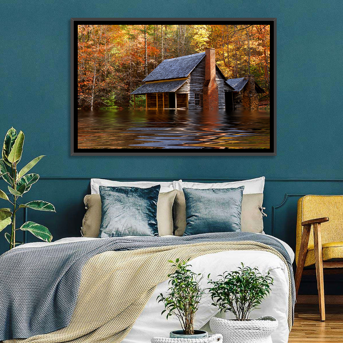 Autumn Flooded Log Cabin Wall Art in a room, landscape