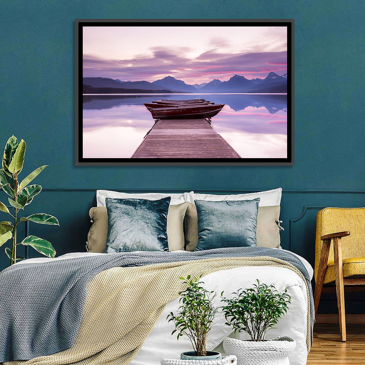 Lake Mcdonald Sunset Dock Wall Art in a room, landscape