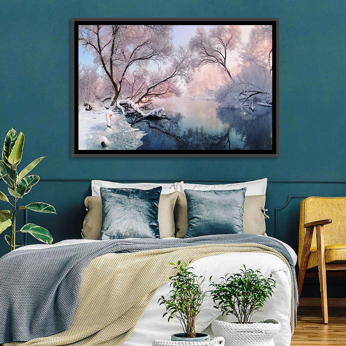 Snowy Lake Morning Mist Wall Art in a room, landscape
