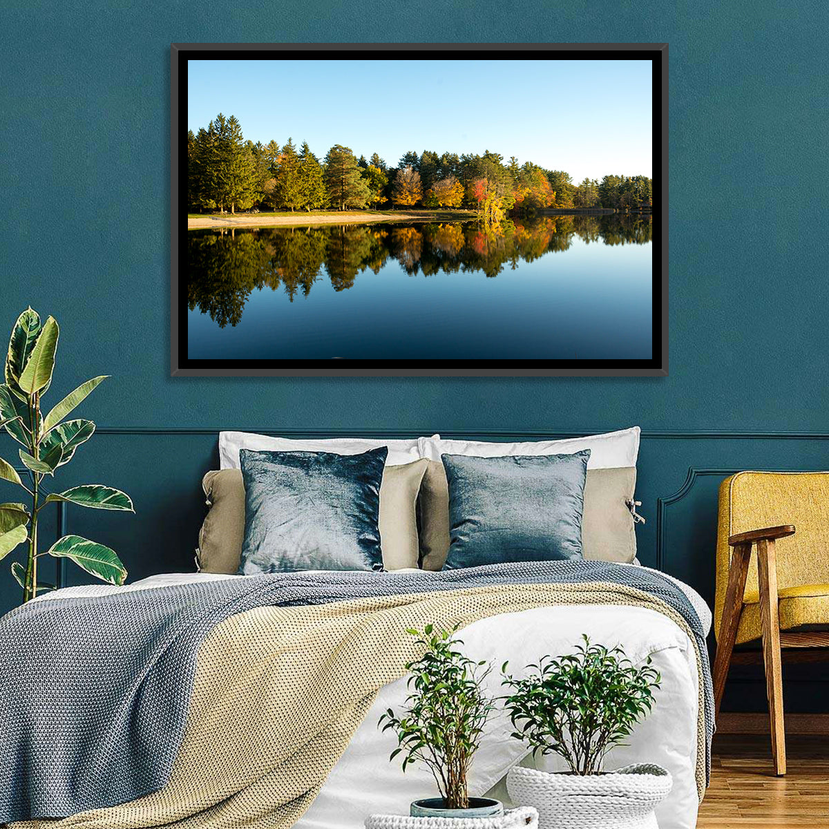 Lake Shaftsbury Autumn Reflection Wall Art in a room, landscape