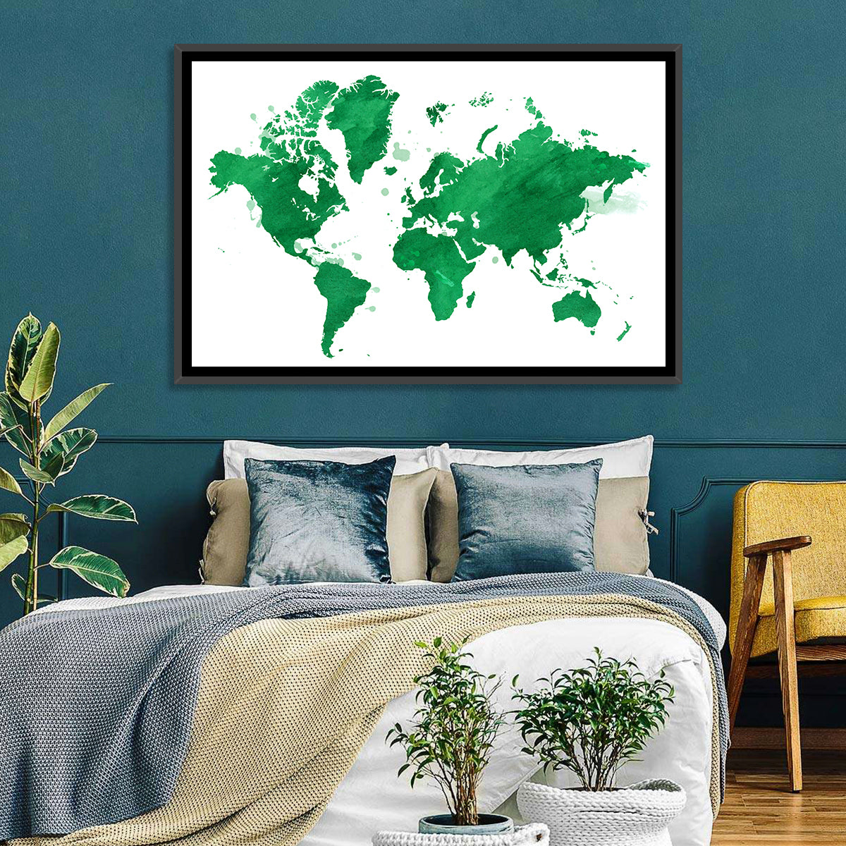 Green Watercolor World Map Wall Art in a room, landscape