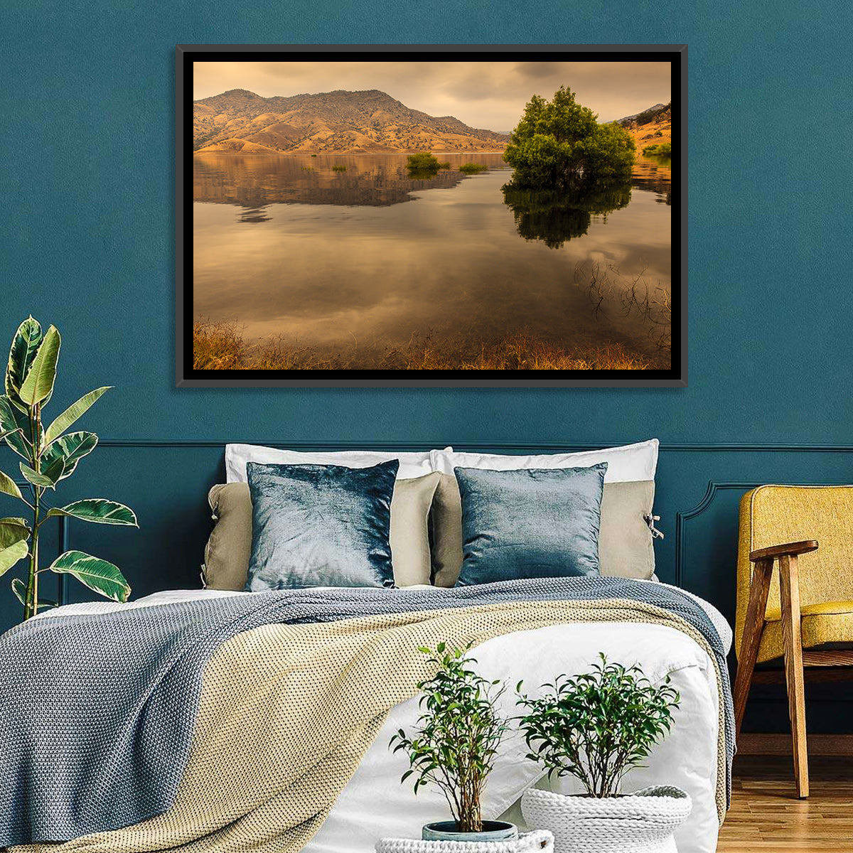 Lake Kaweah Golden Hour Reflection Wall Art in a room, landscape