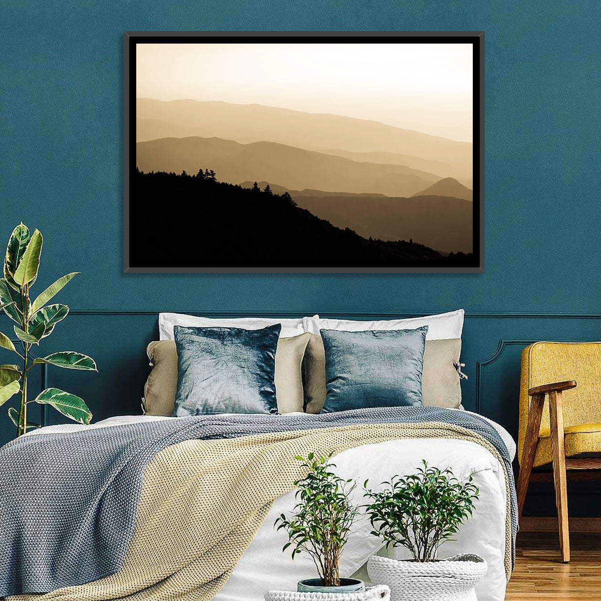 Foggy Mountain Sunset with Evergreen Silhouettes Wall Art in a room, landscape