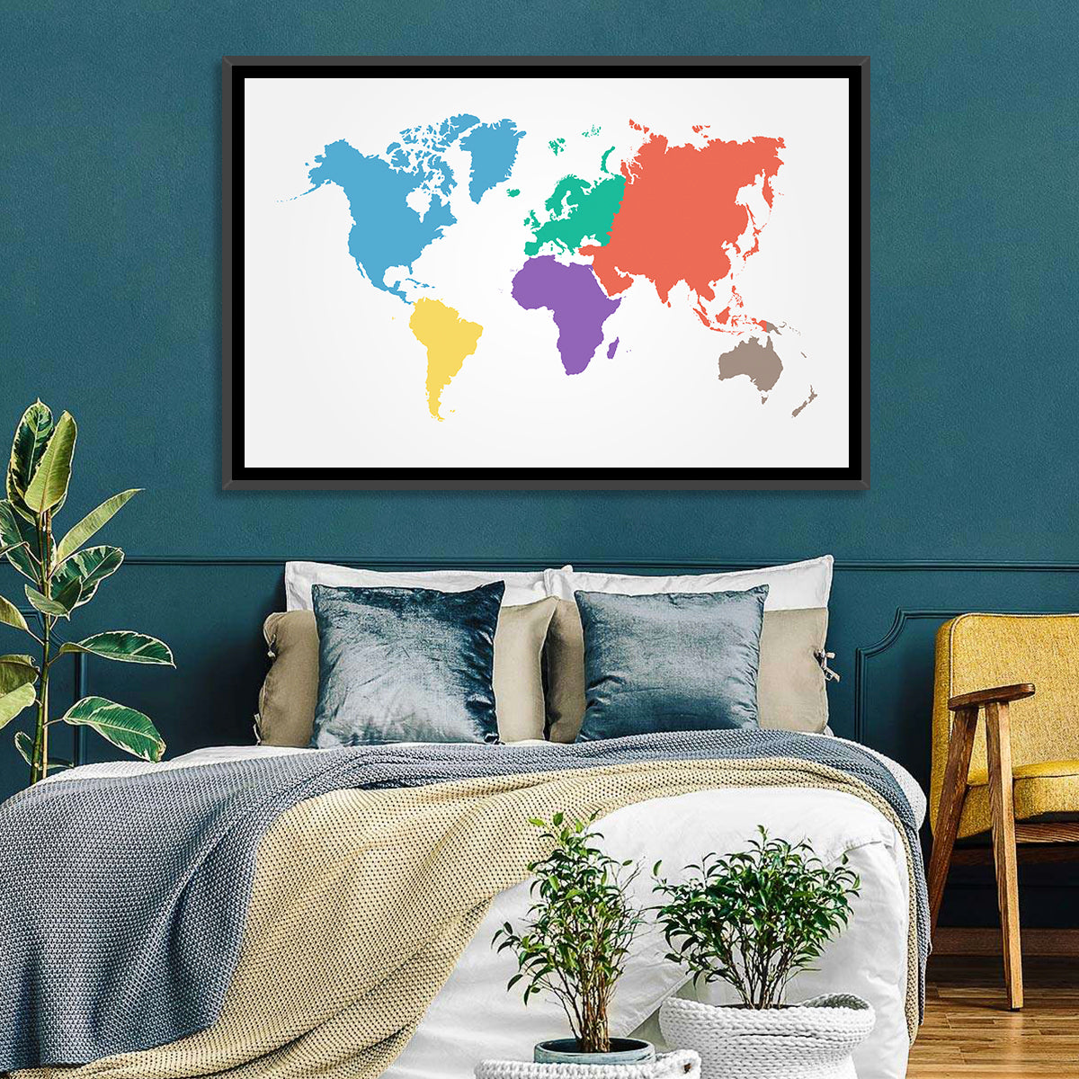 World Continents Map Wall Art in a room, landscape