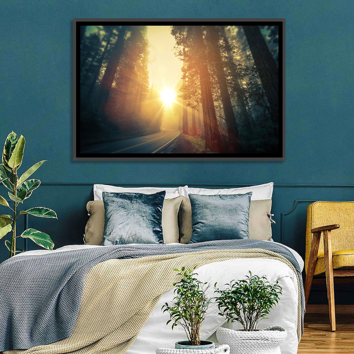 Misty Redwood Road with Golden Sunburst Wall Art in a room, landscape