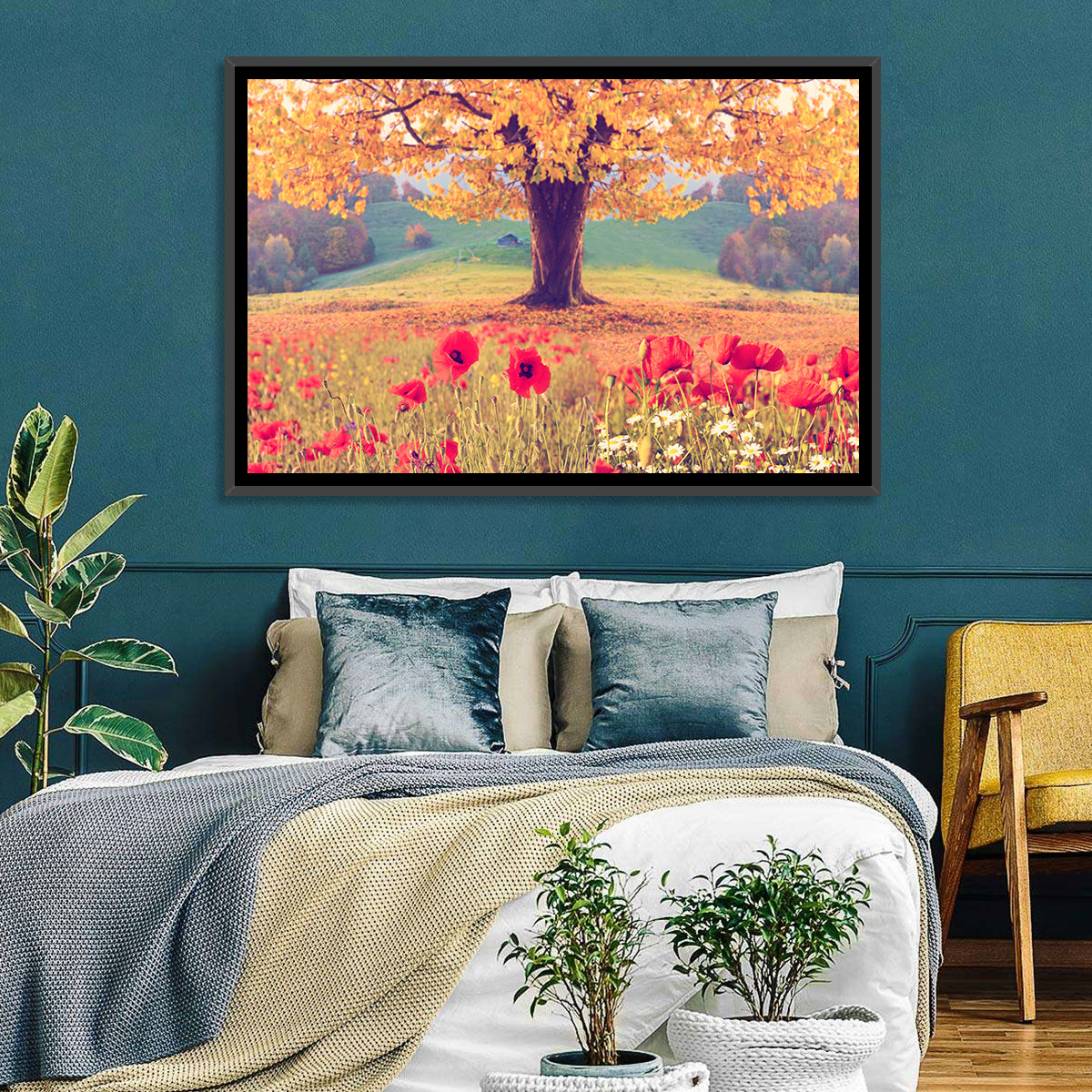 Autumn Tree and Poppy Field Wall Art in a room, landscape