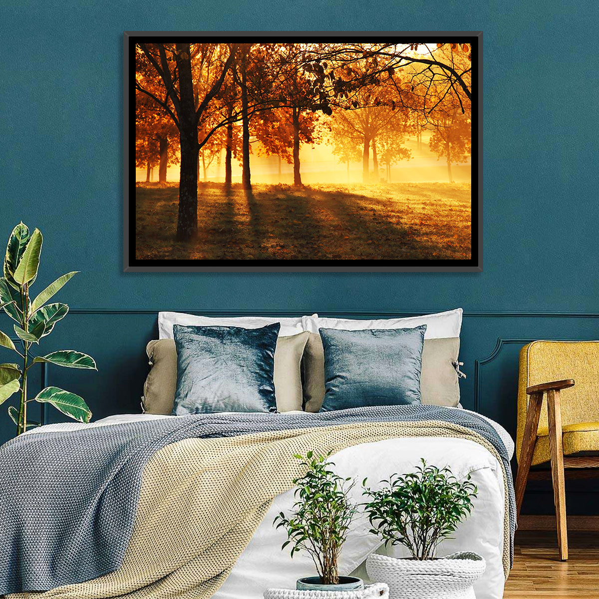 Autumn Sunbeams Through Fog Wall Art in a room, landscape