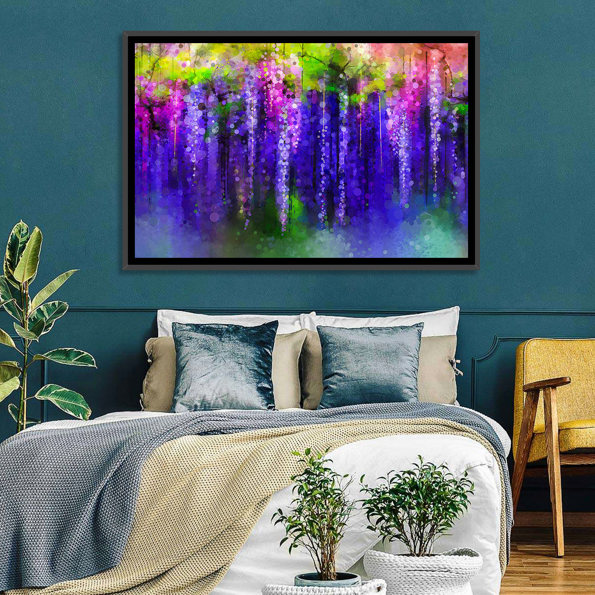 Dreamy Wisteria Vines Wall Art in a room, landscape