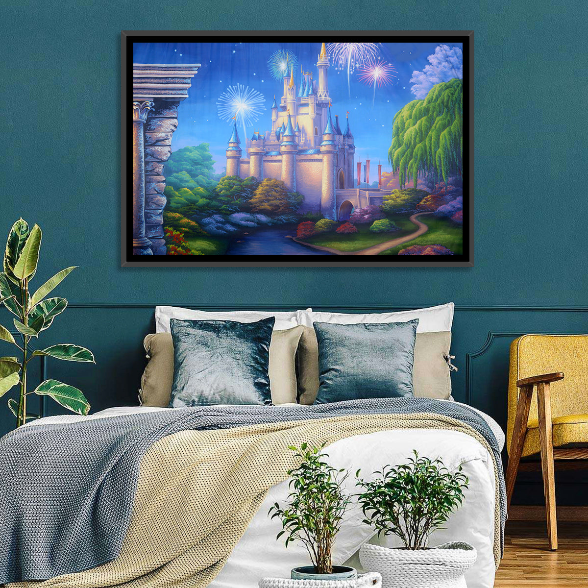 Cinderella Castle Fireworks Illustration Wall Art in a room, landscape