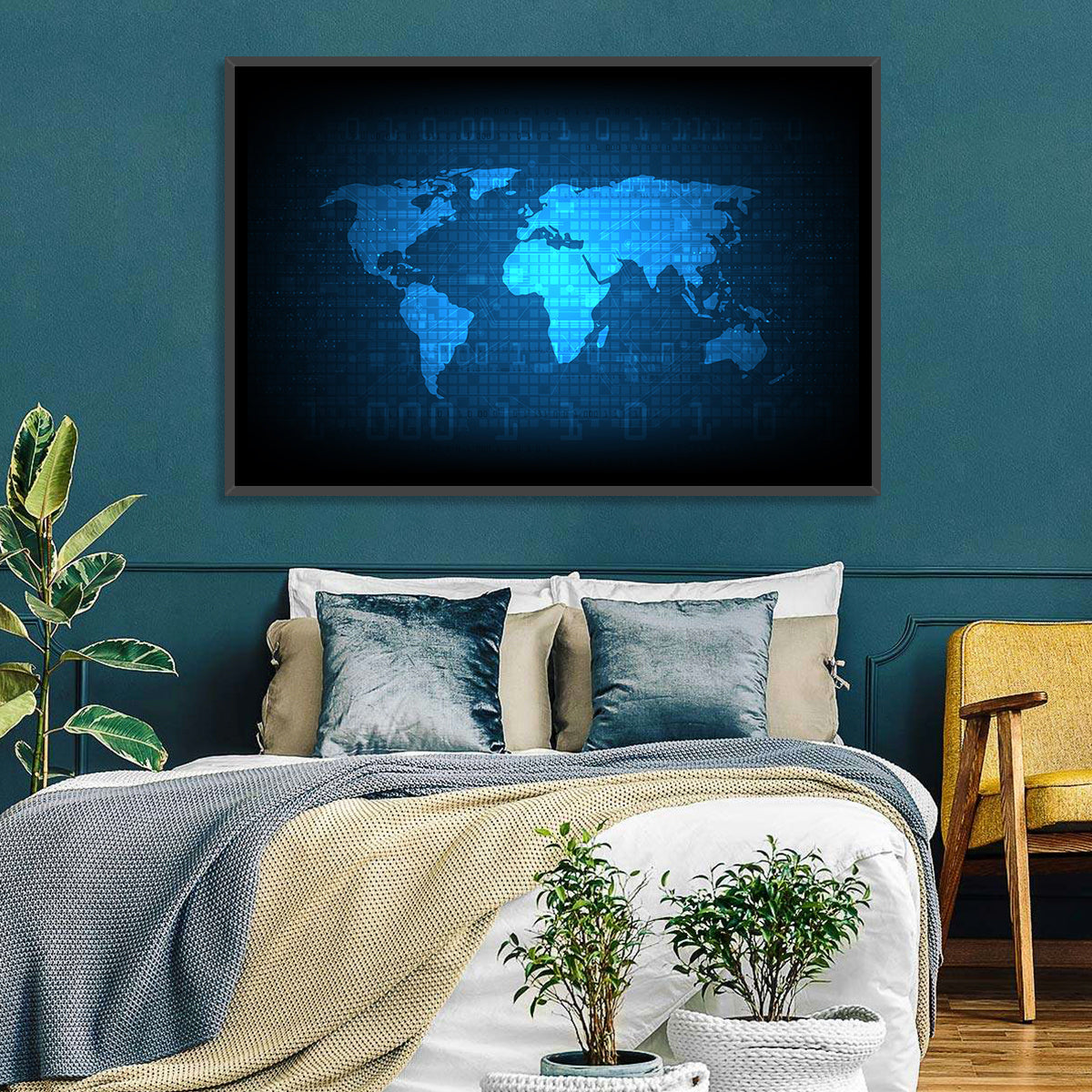 Binary Grid World Map Wall Art in a room, landscape