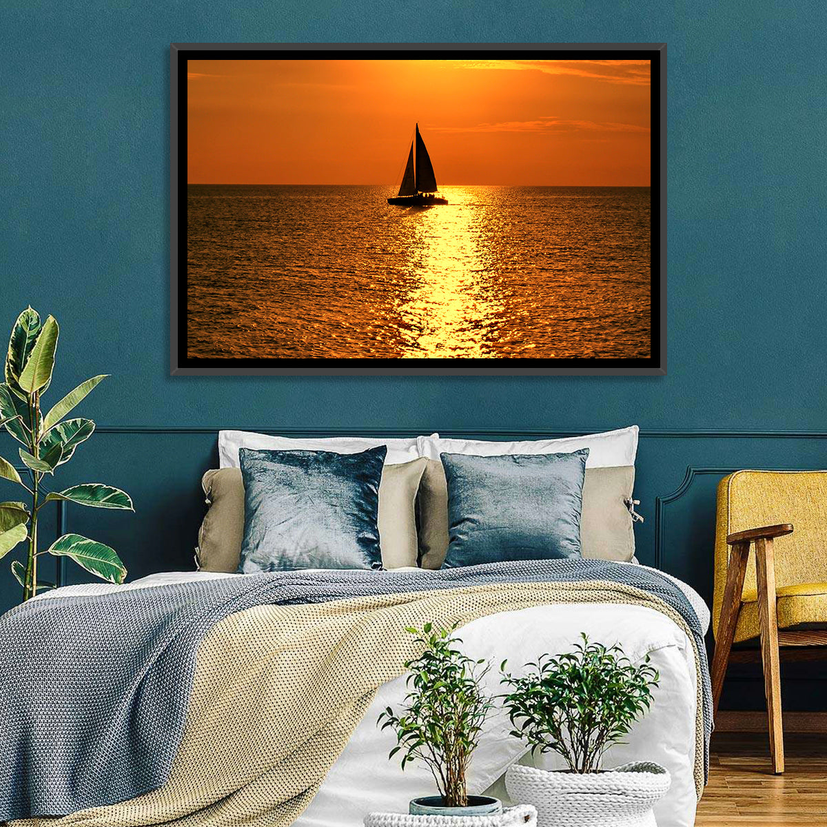 Sailboat Silhouette at Golden Sunset Wall Art in a room, landscape