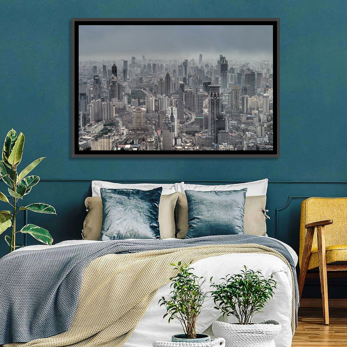 Shanghai Layered Skyline Wall Art in a room, landscape