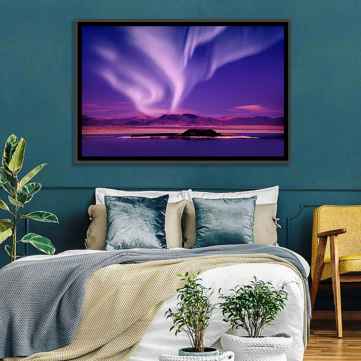 Northern Lights Over Island Wall Art in a room, landscape