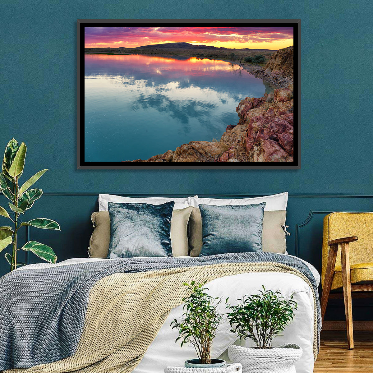 Lake Balkhash Sunset Reflection Wall Art in a room, landscape
