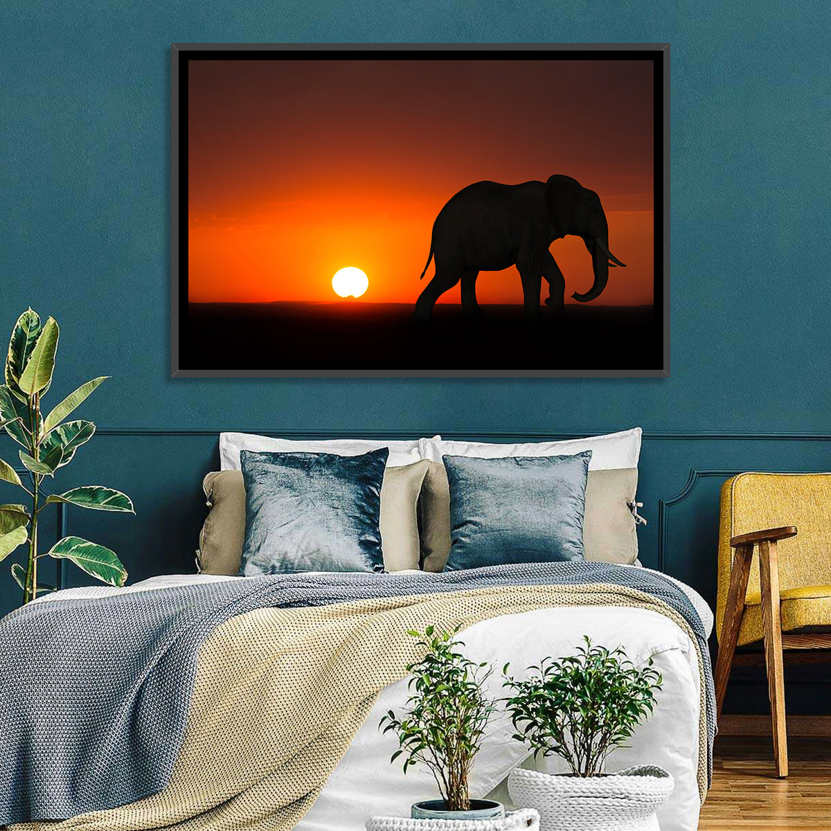 Sunset Elephant Silhouette Wall Art in a room, landscape