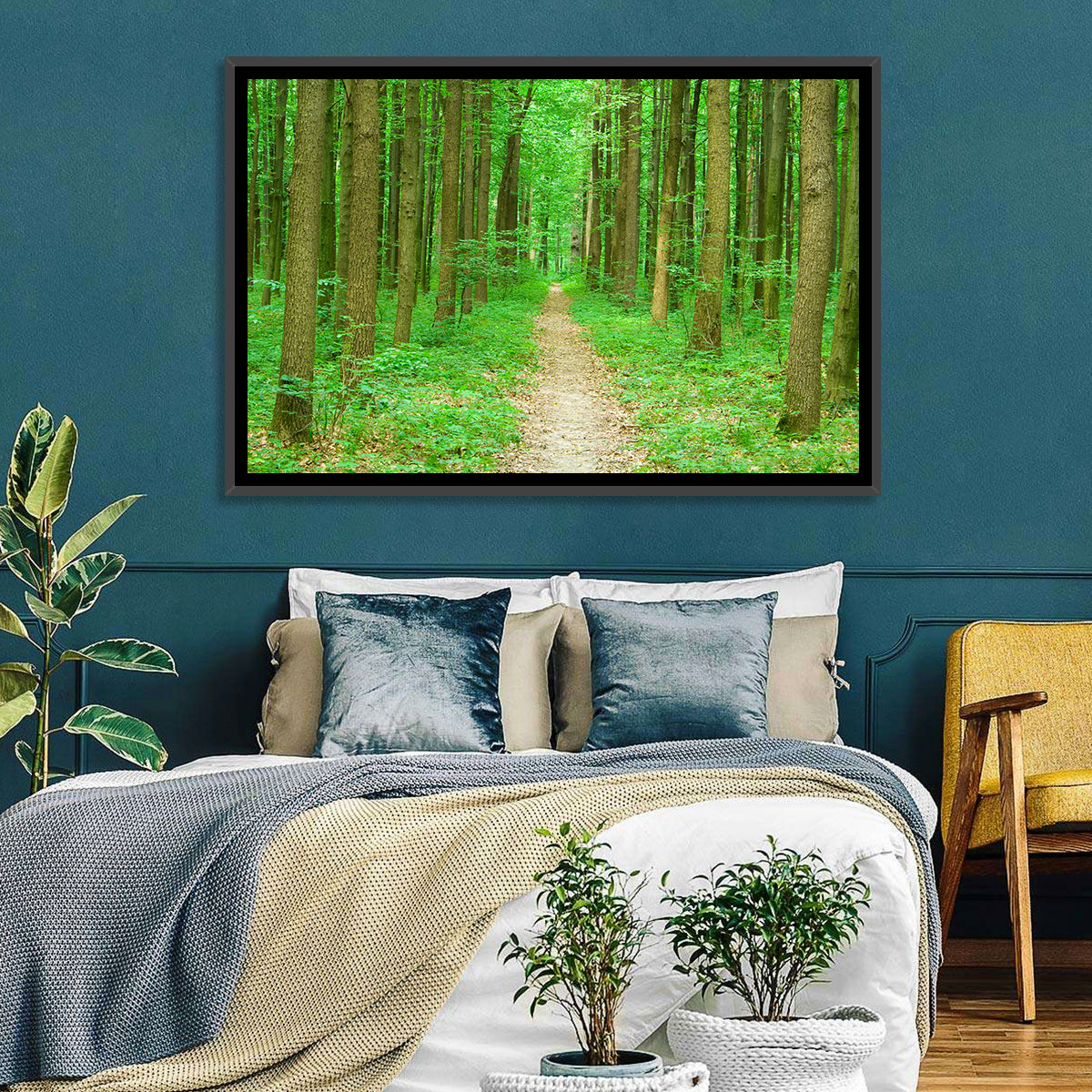 Green Forest Pathway Wall Art in a room, landscape
