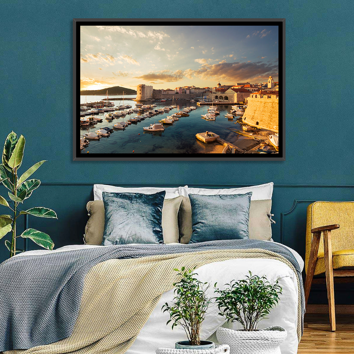 Dubrovnik Old Port at Golden Hour Wall Art in a room, landscape